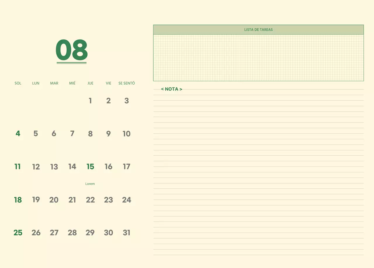SAT Calendario de pared con concepto de bloc de notas del día D en verde y amarillo claro