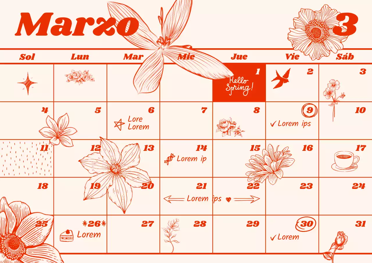 Calendario vintage de muselina ilustrada en rojo y marfil