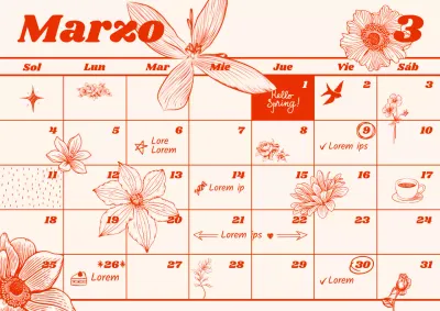 Calendario vintage de muselina ilustrada en rojo y marfil