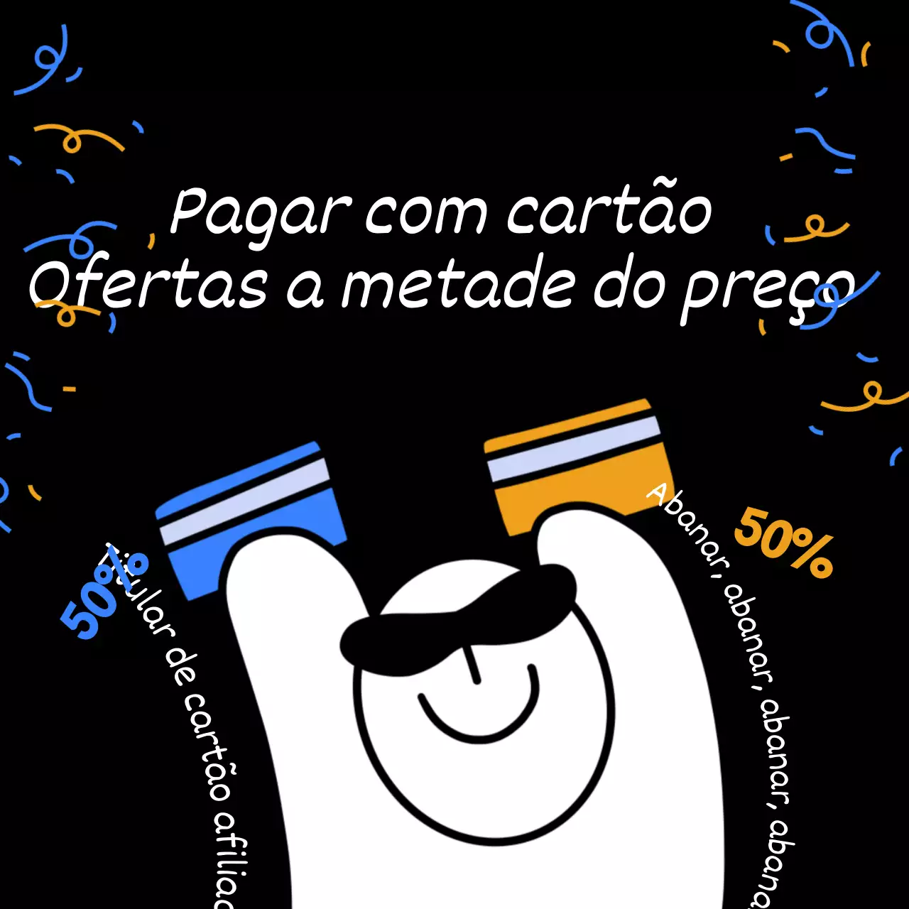 Anúncio de evento de oferta de desconto de cartão de afiliado com gags amarelas e azuis