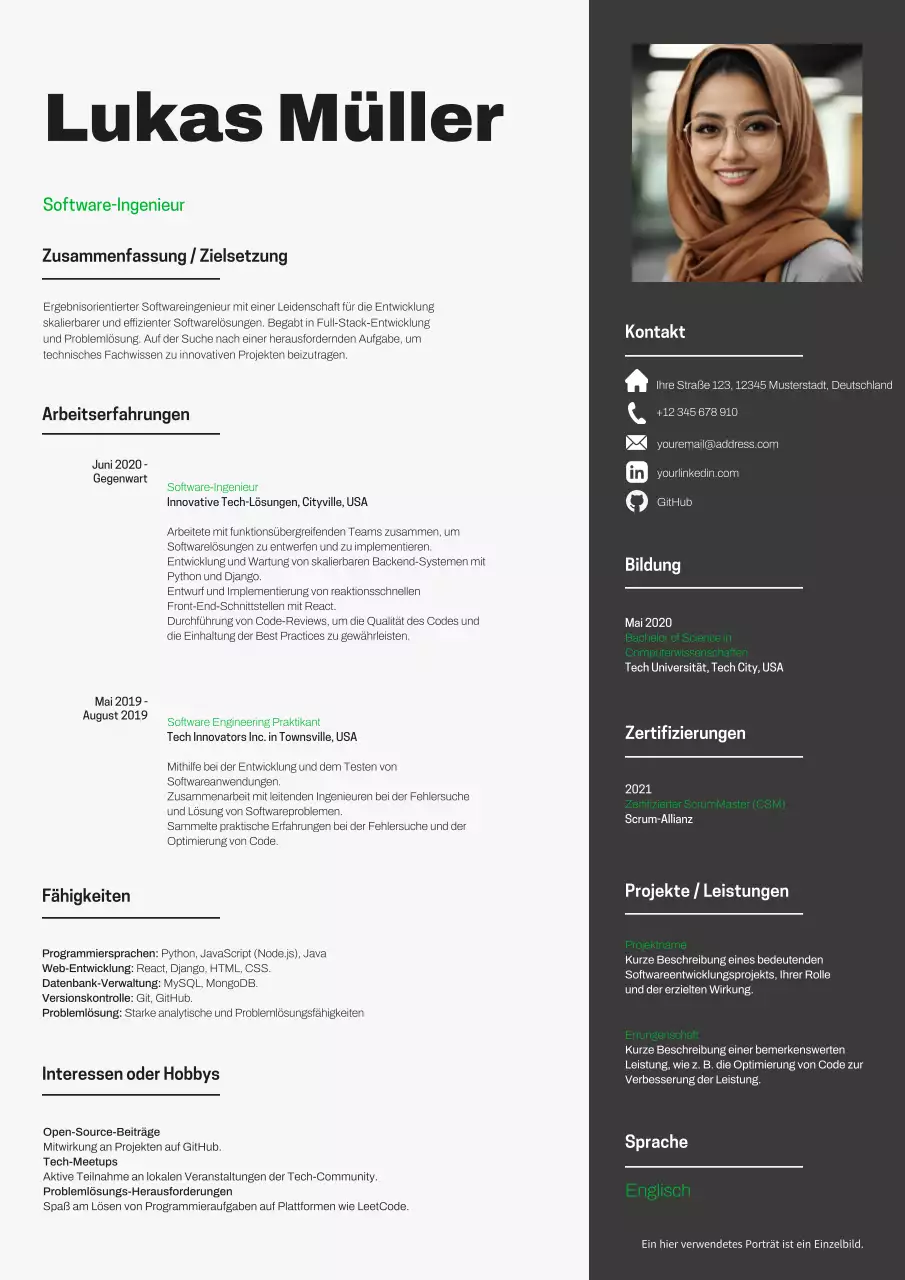 Weiß und Grün Moderner Lebenslauf für Softwareentwickler