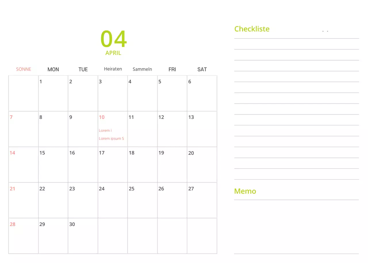 Niedlich illustrierter grüner Tischkalender mit Familienthemen