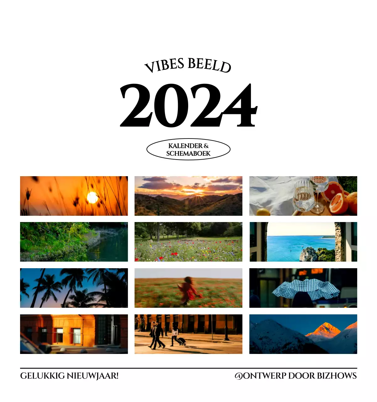 Eenvoudige stijl muurkalender met zwart-wit emotionele reisfotografie concept