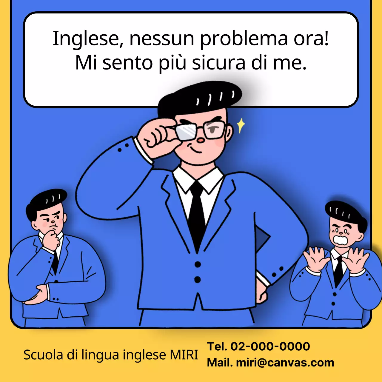 Promozione di una scuola di lingua inglese kitsch in blu e giallo