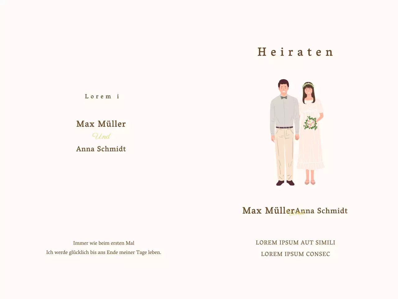 Emotionales Hochzeitseinladungsdesign mit warmen Hochzeitsillustrationen auf einem beigen Hintergrund