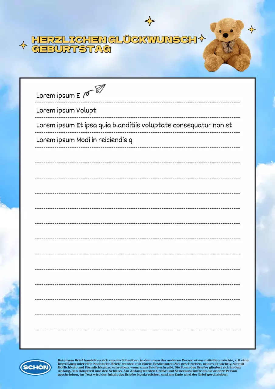 Kitschiges Briefpapier zum Geburtstag in Gelb und Blau