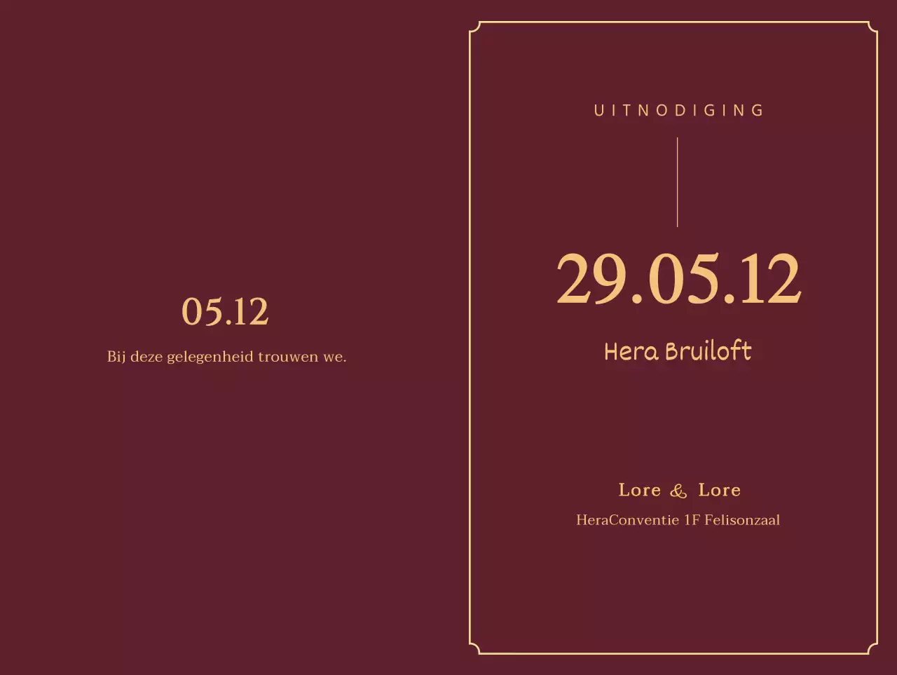 Bruiloft uitnodiging ontwerp met grote gouden letters en datum op een wijnkleurige achtergrond