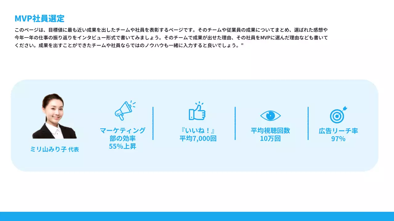 水色と白のシンプルな業績報告書紹介書
