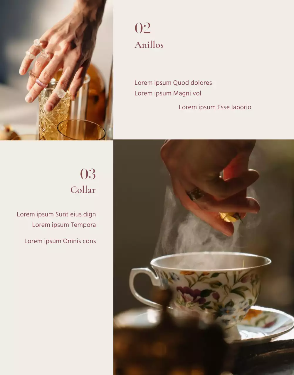 Anuncio de venta de un lookbook de accesorios de bisutería de moda en rosa y marrón.