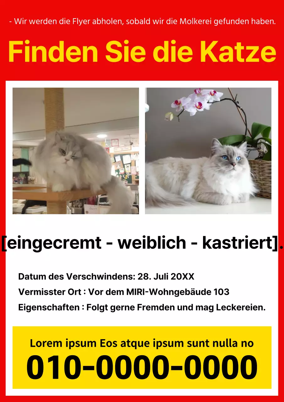 Rote und gelbe Grundpfosten für vermisste Haustiere