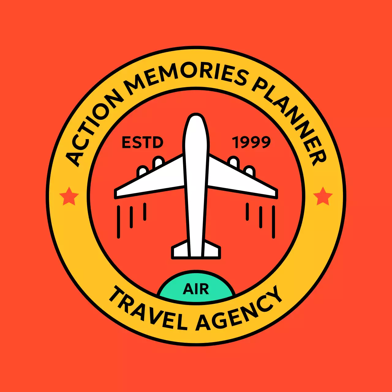 Stamped logo with a retro vibe featuring an airplane