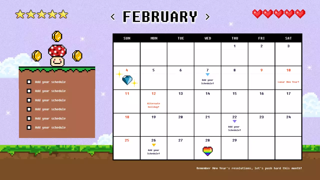 빨강과 하늘색의 레트로한 새해 1년 달력