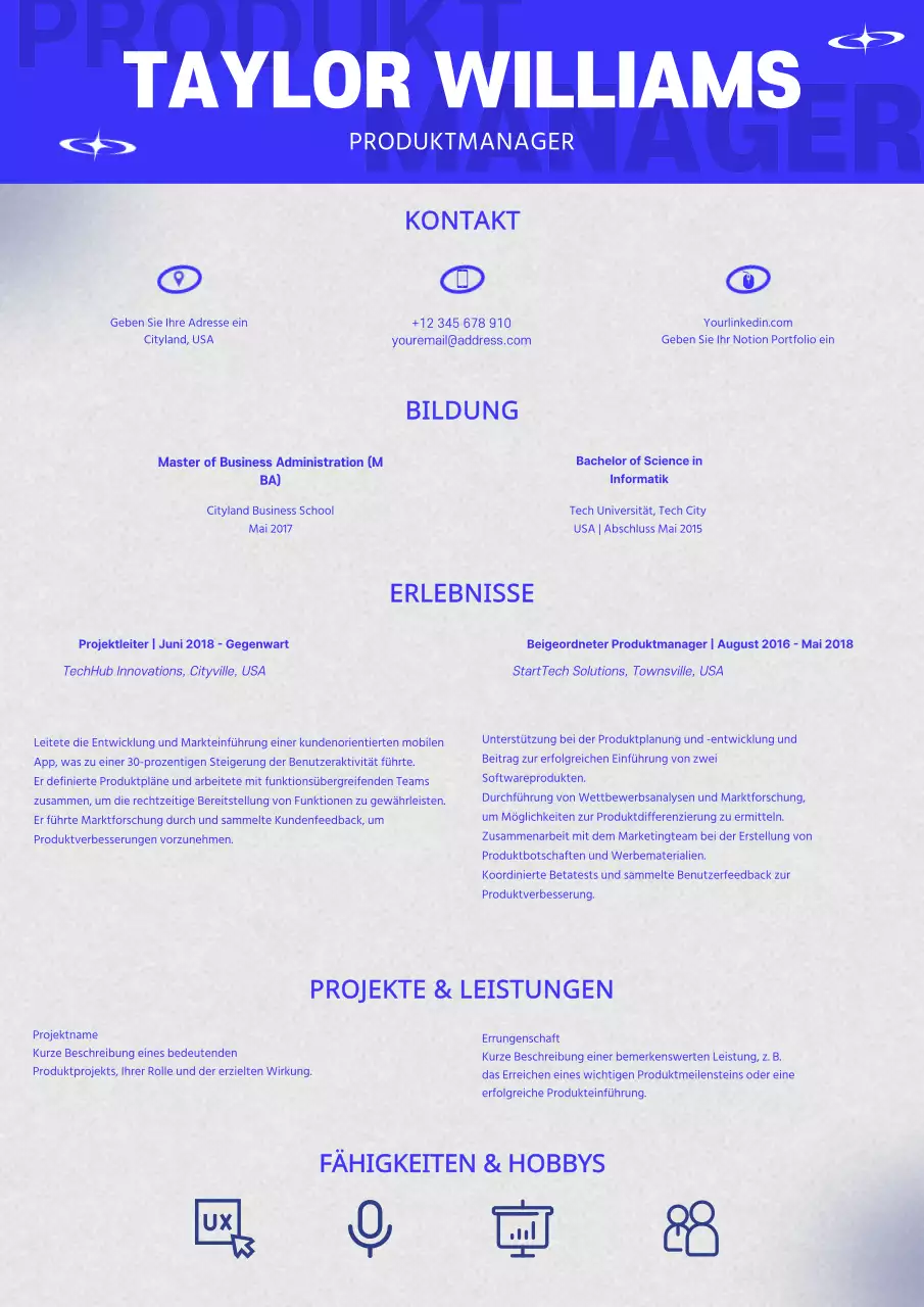 Blau und Grau Trendy Produktmanager Lebenslauf