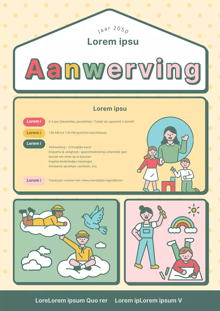Een schattige advertentie voor een kleuterschool in geel en kaki