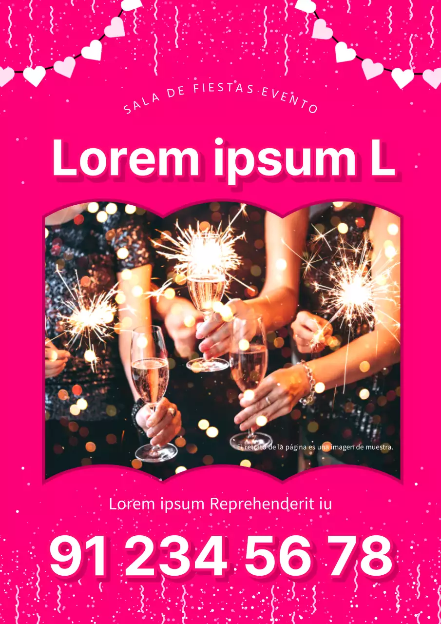 Un anuncio pop-art en rosa y blanco sobre descuentos en reservas de salas de fiestas