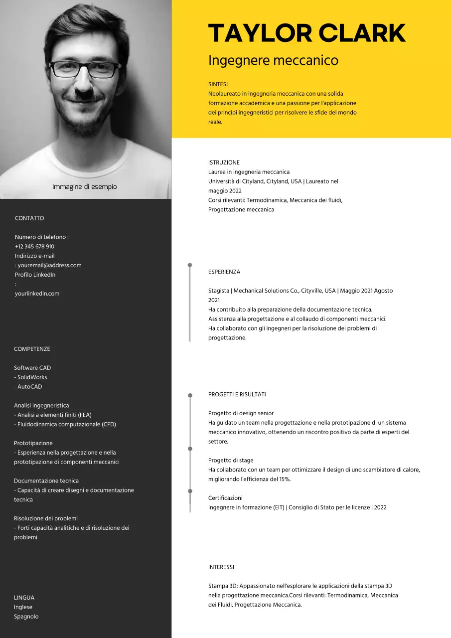 Curriculum ingegnere meccanico moderno giallo e grigio