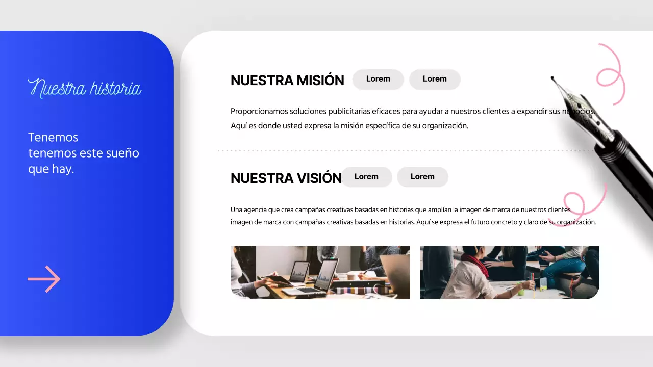 Una moderna carta de presentación de una empresa de storytelling en azul y rosa