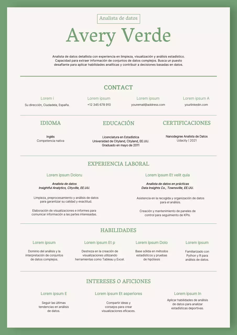 Verde y beige Curriculum vitae de analista de datos básicos