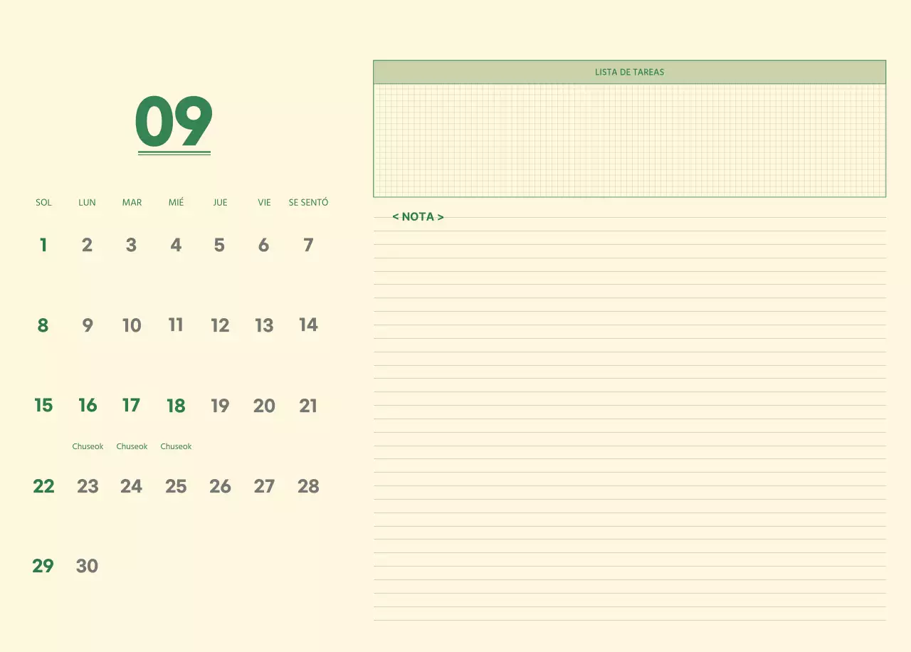 SAT Calendario de pared con concepto de bloc de notas del día D en verde y amarillo claro