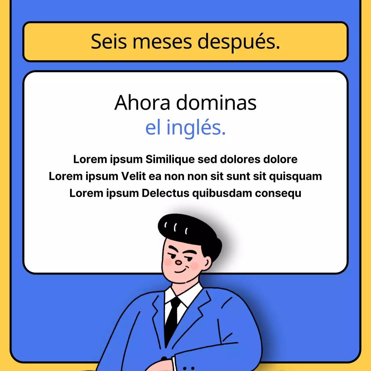 Promoción de una escuela de inglés kitsch en azul y amarillo