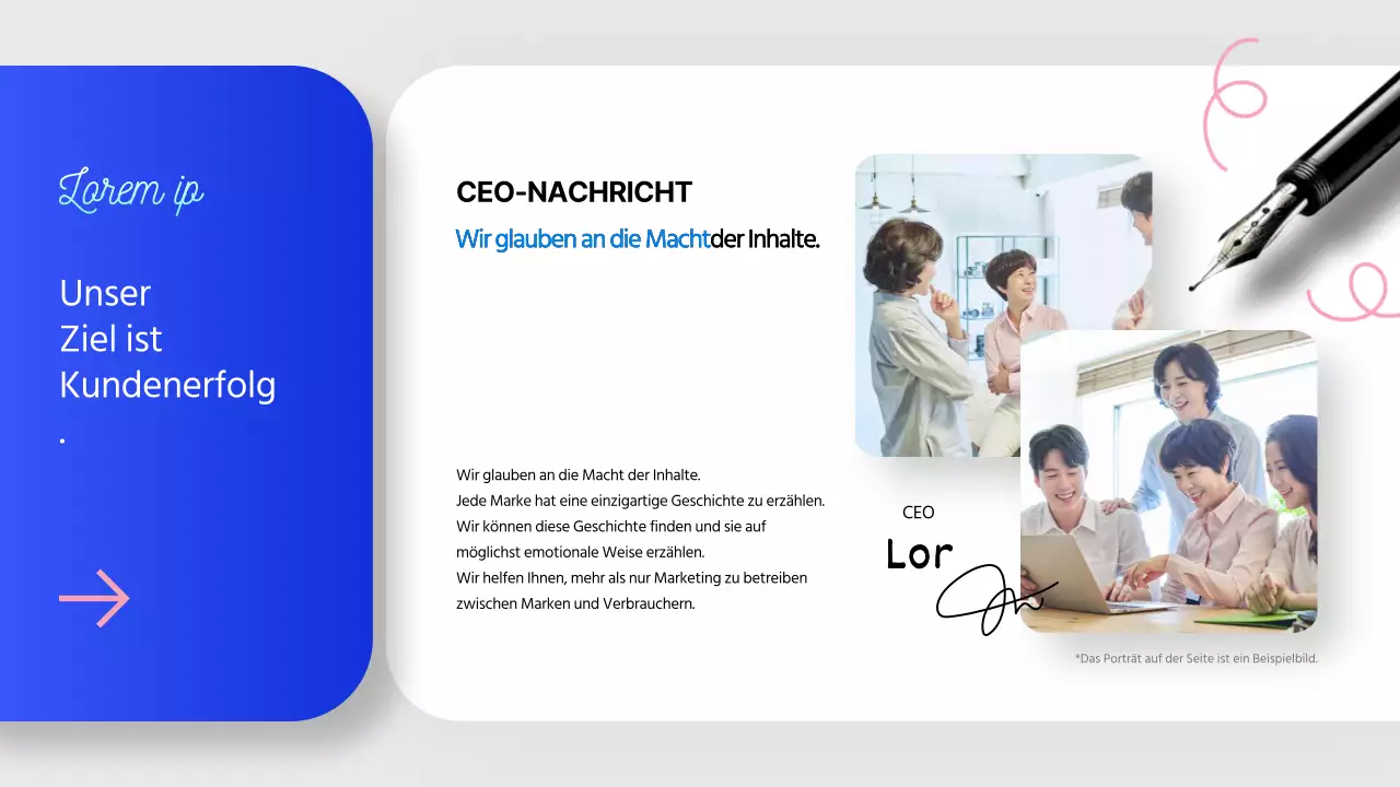 Ein modernes Anschreiben für ein Storytelling-Unternehmen in Blau und Rosa