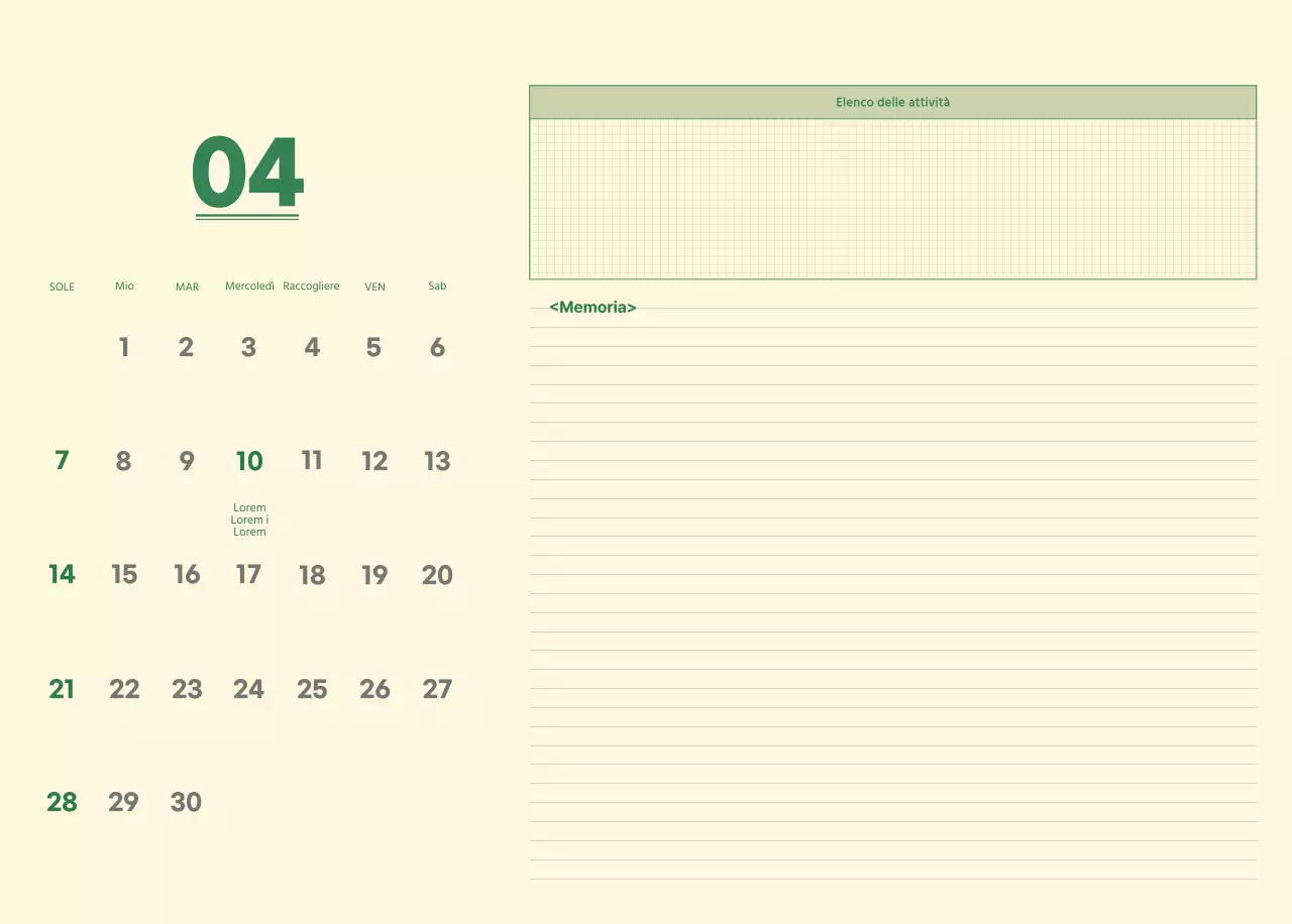 Calendario da parete SAT D-day concept in verde e giallo chiaro