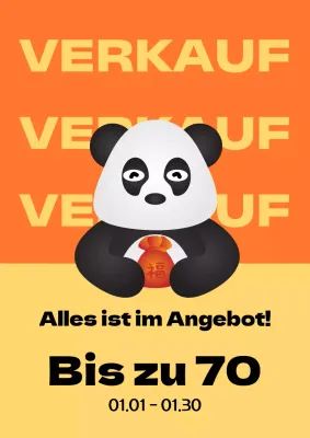 Verkaufspopup mit Panda-Figur mit gelben und orangefarbenen Akzenten