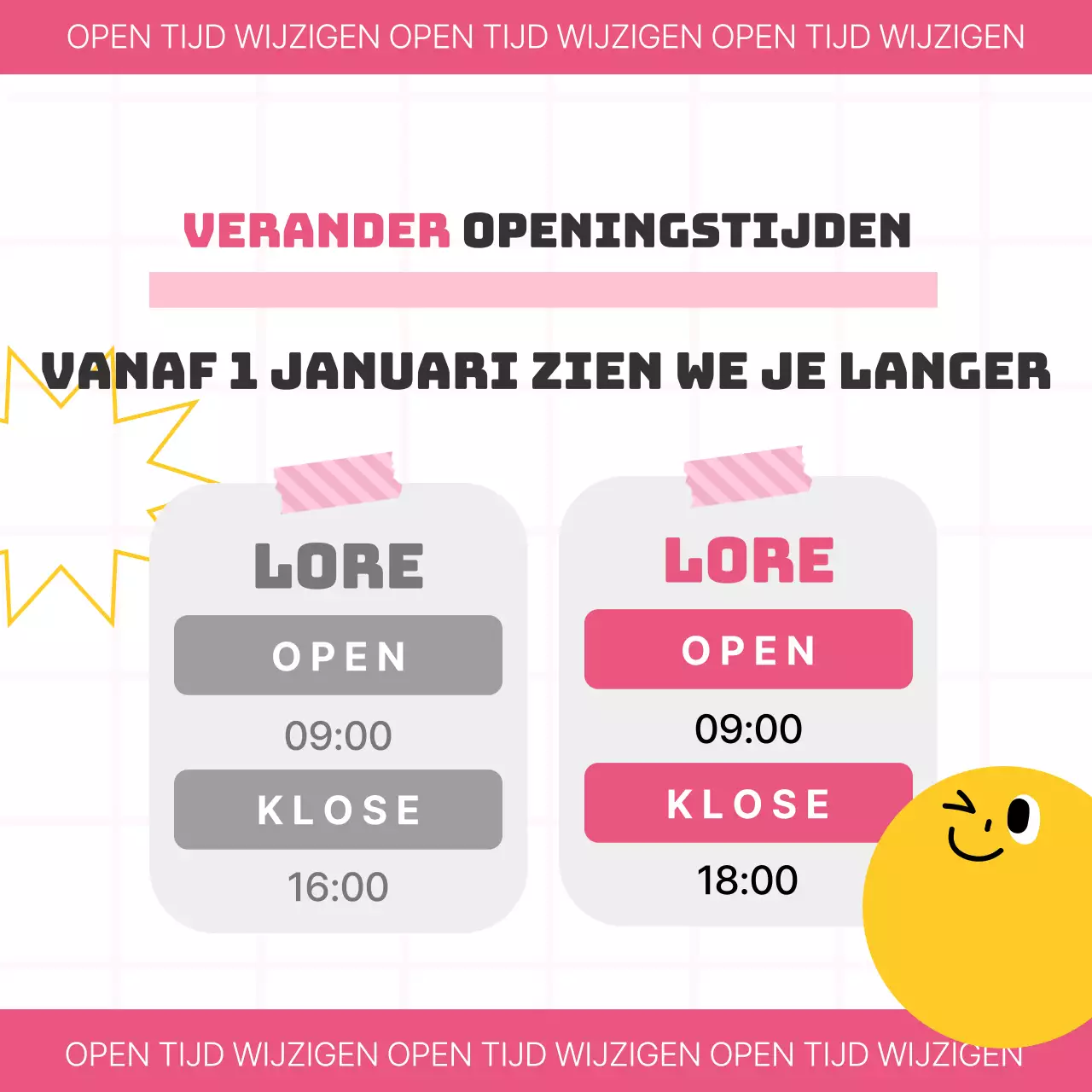 Een eenvoudige roze en gele advertentie met openingstijden
