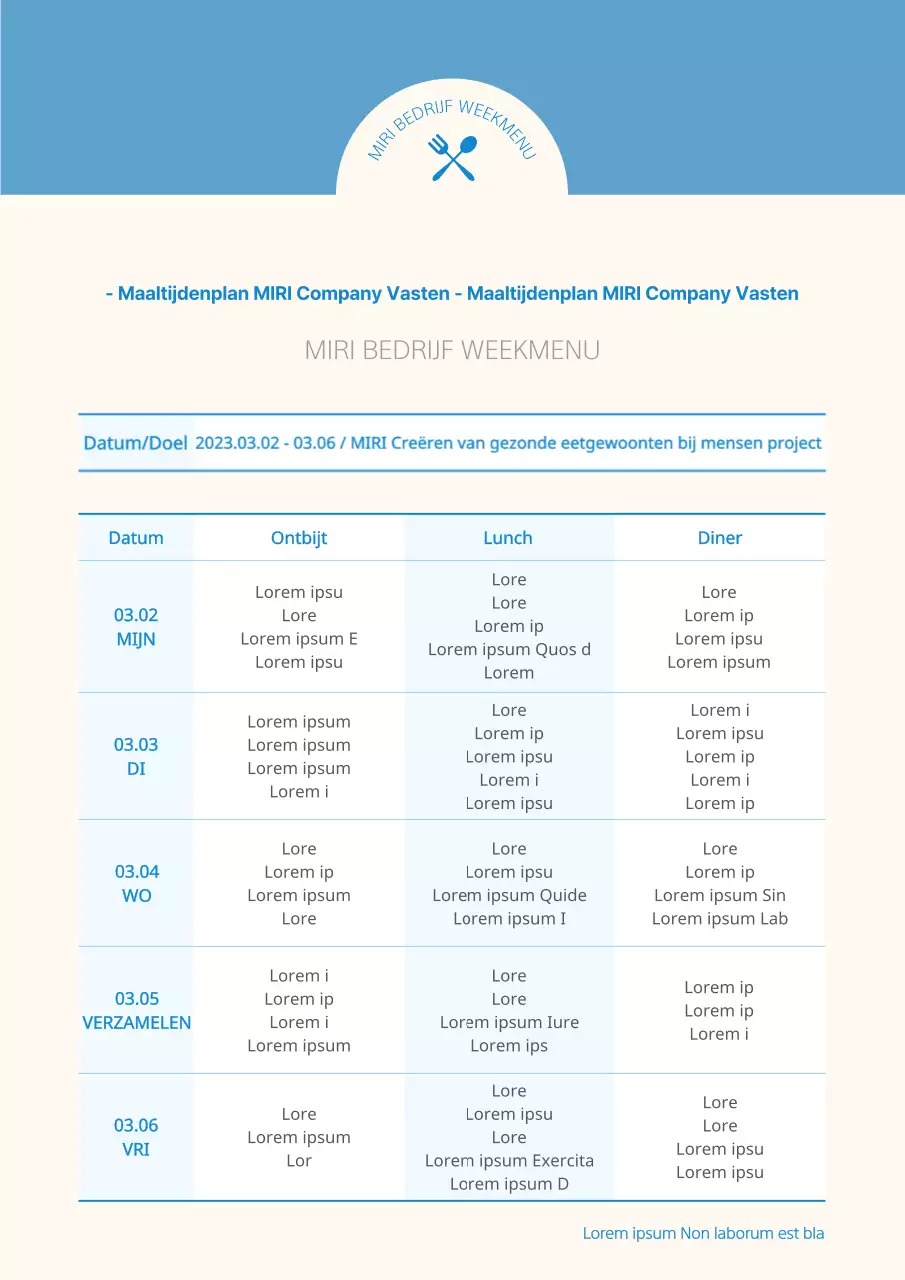 Minimalistisch bedrijfsmaaltijdplan in blauw en ivoor