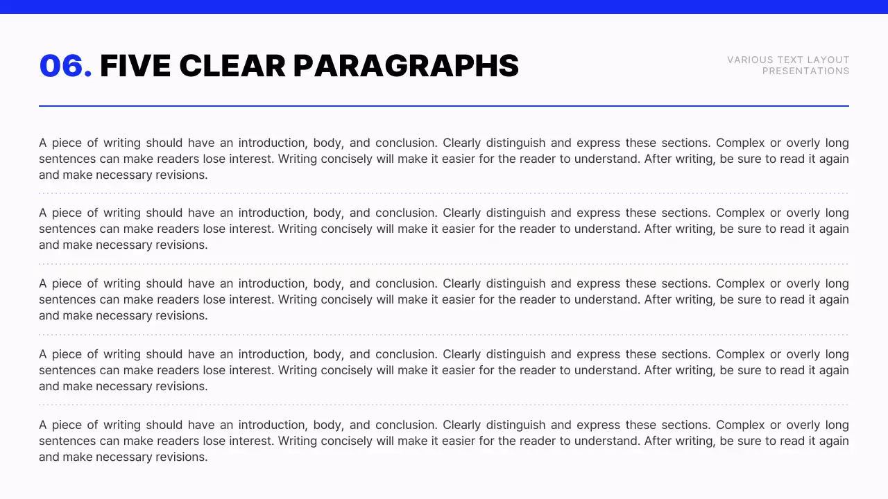 Modern text layout report in blue and white