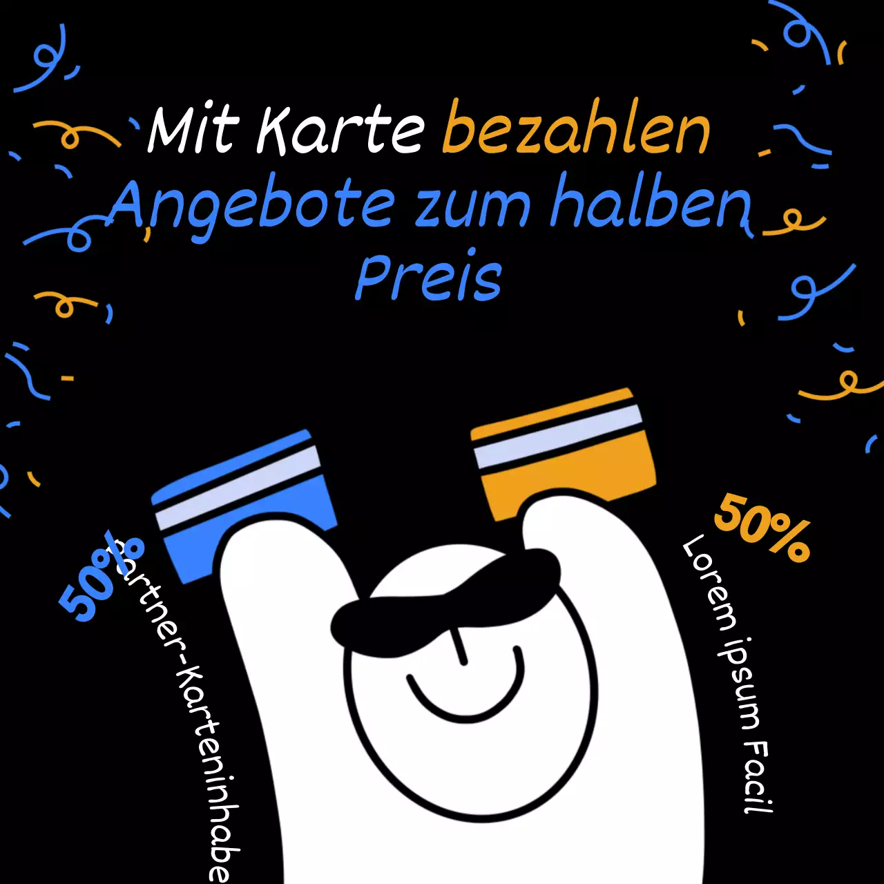 Partnerkarten-Rabattangebot Event-Anzeige mit gelben und blauen Gags