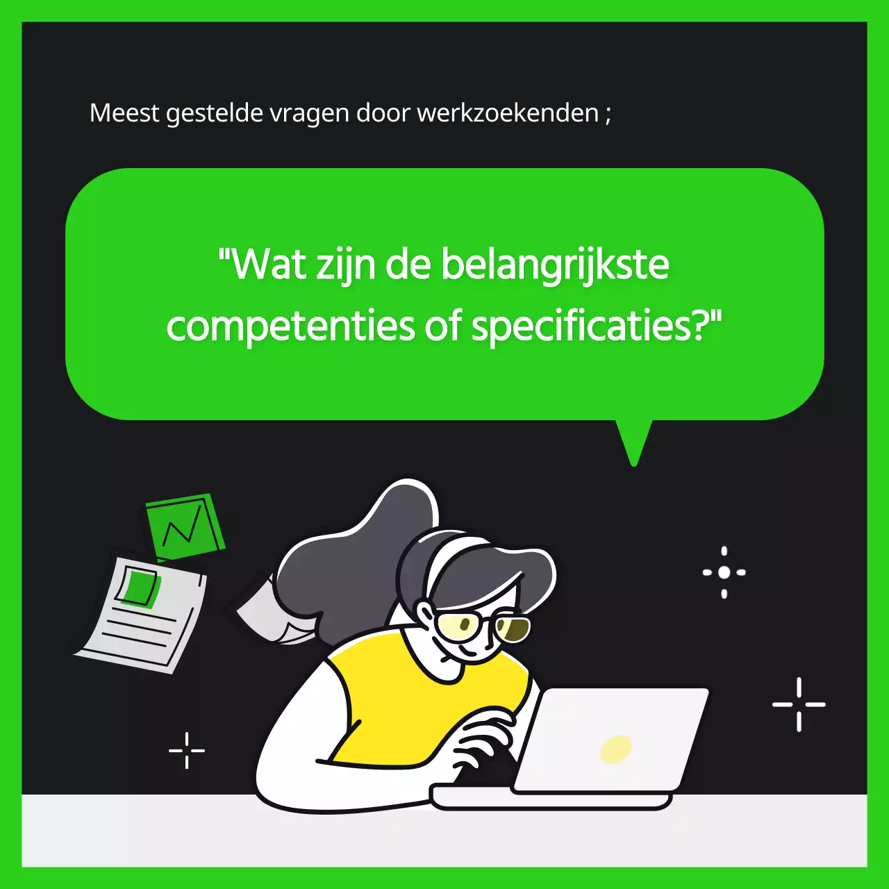 Zittend interview informatie in de trendy stijl van limoengroen en zwart