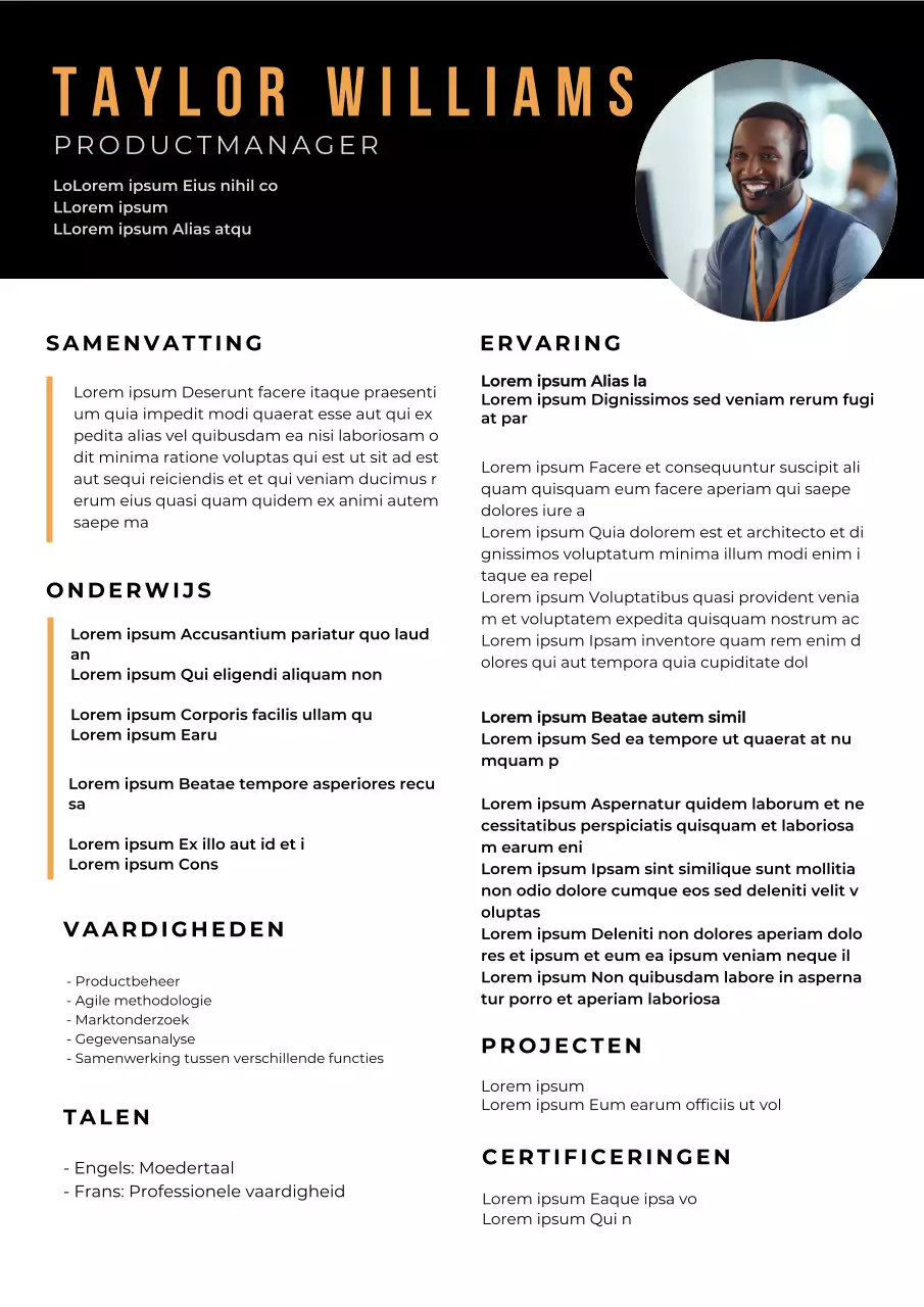 Zwart en oranje basis cv productmanager