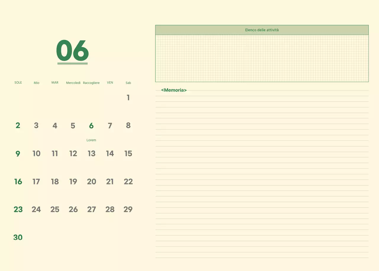 Calendario da parete SAT D-day concept in verde e giallo chiaro