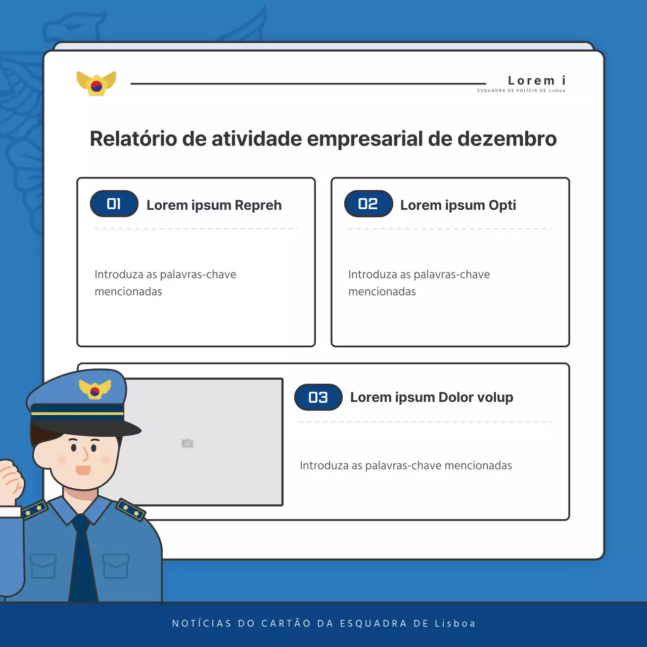 Publicações predefinidas do boletim informativo da esquadra de polícia em azul e azul-marinho