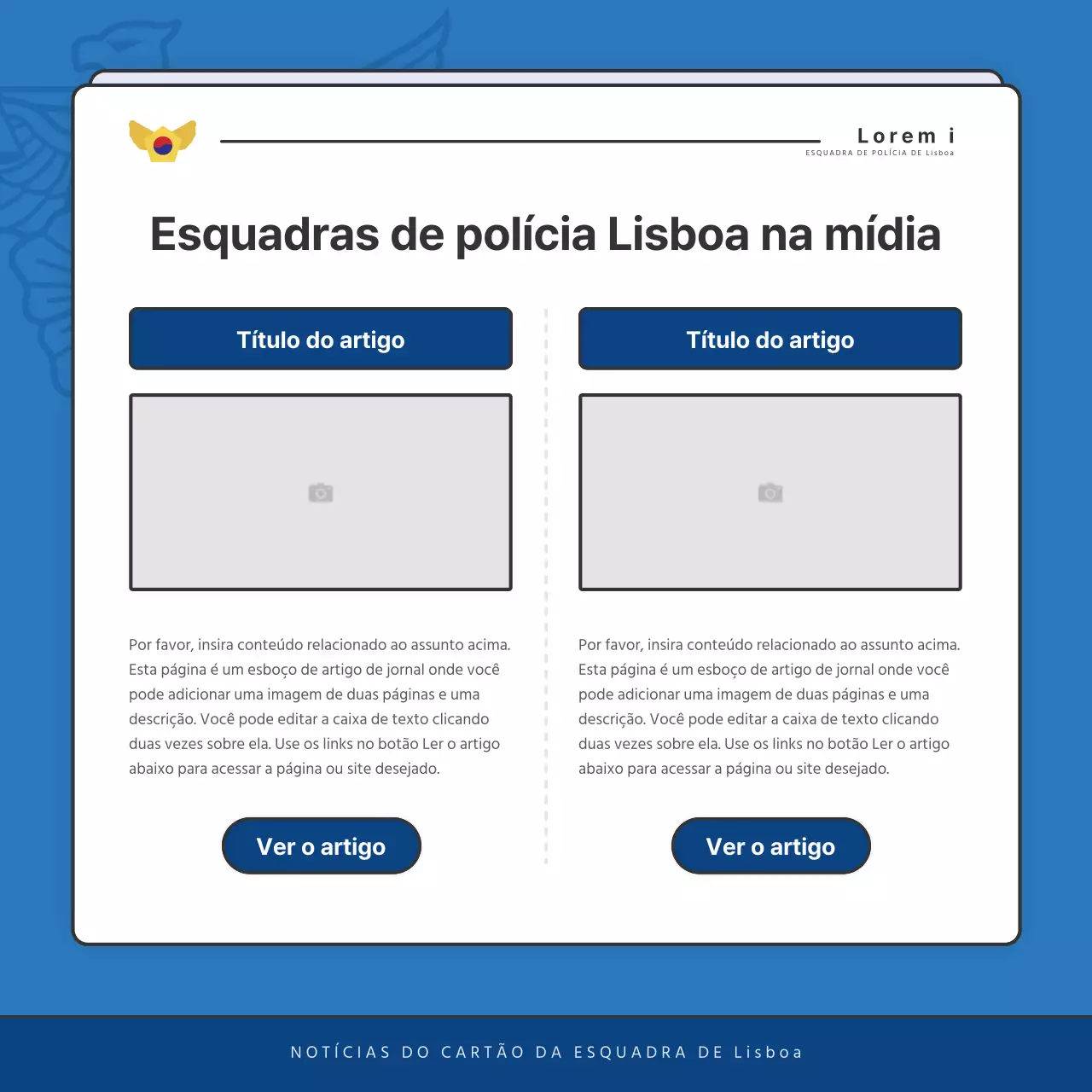 Publicações predefinidas do boletim informativo da esquadra de polícia em azul e azul-marinho