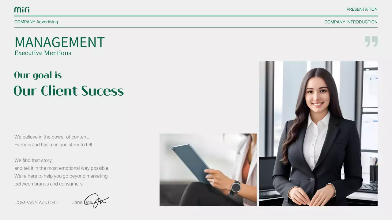 초록색과 회색의 모던한 스토리텔링형 기업 소개서