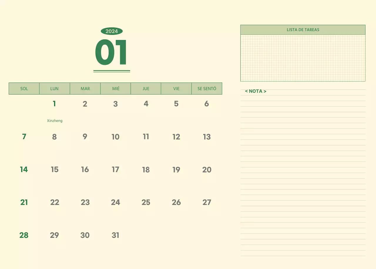 SAT Calendario de pared con concepto de bloc de notas del día D en verde y amarillo claro