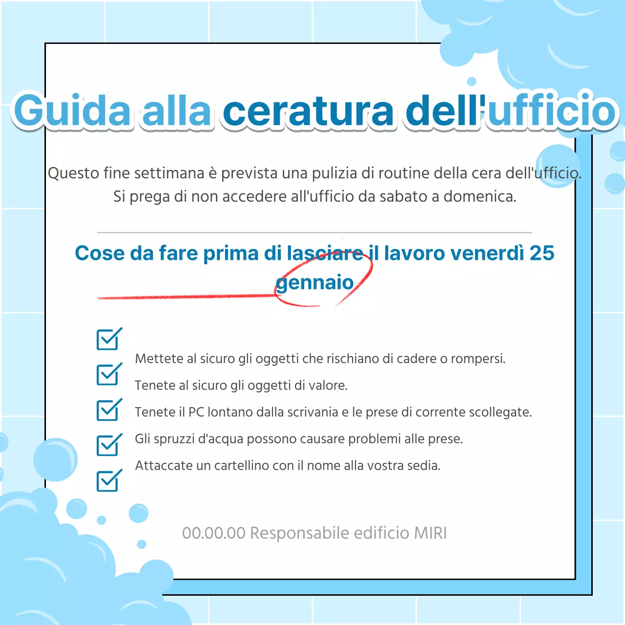 Semplice annuncio per la pulizia della cera dell'ufficio in azzurro e bianco