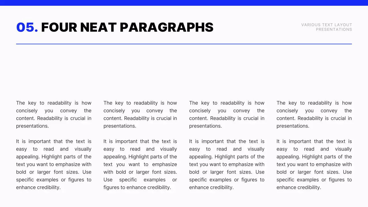 Modern text layout report in blue and white