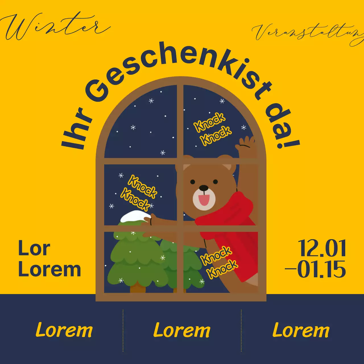 Pop-Art-Anzeigen für Treue- und Rabattaktionen im Winter in Blau und Gelb