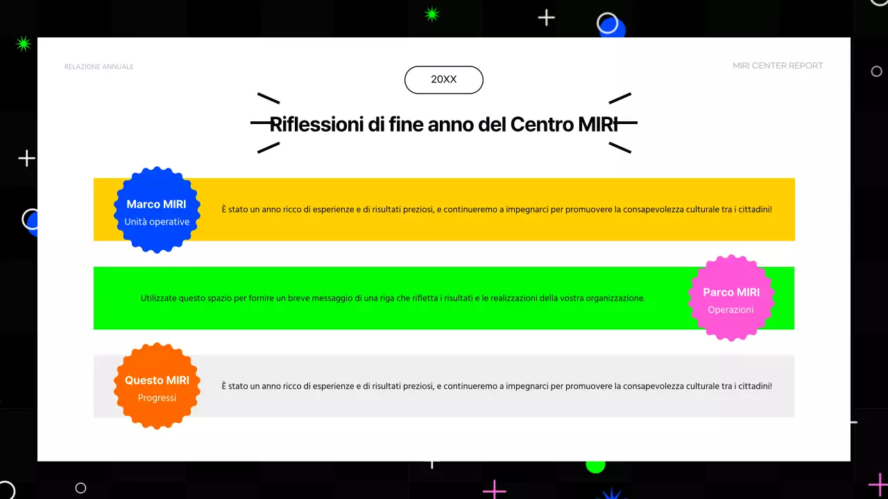 Rapporti finanziari di fine anno in stile kitsch, in rosa acceso e colori fluorescenti.