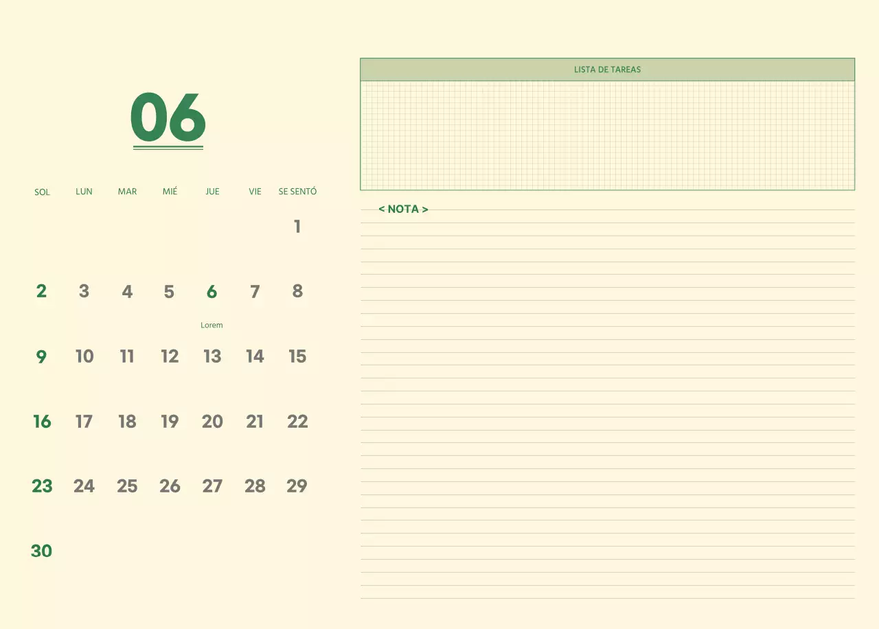 SAT Calendario de pared con concepto de bloc de notas del día D en verde y amarillo claro