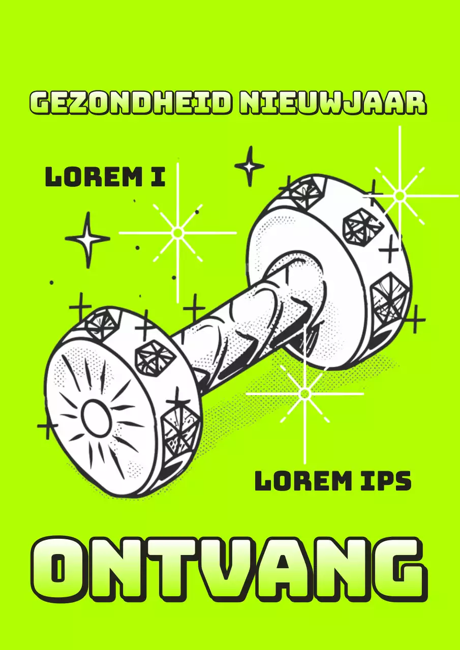 Een pop-art nieuwjaarsadvertentie voor sportschool in fluorescerende kleuren en groen.