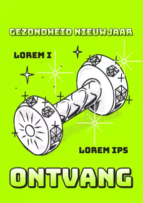 Een pop-art nieuwjaarsadvertentie voor sportschool in fluorescerende kleuren en groen.