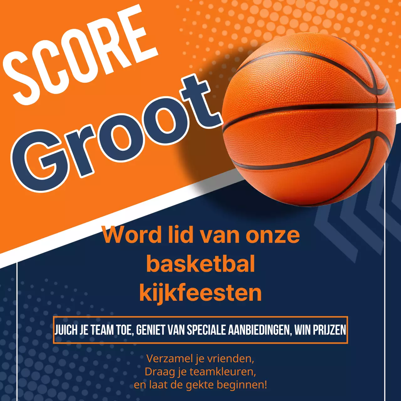 Oranje en marine geometrische marching madness feestadvertentie