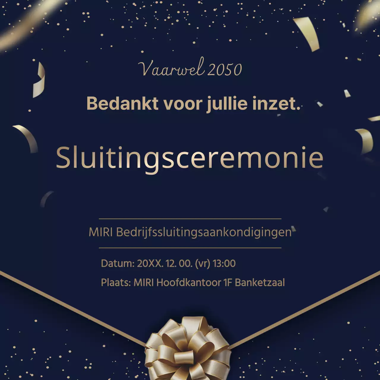 Een stijlvolle aankondiging van een bedrijfssluiting in marineblauw en goud