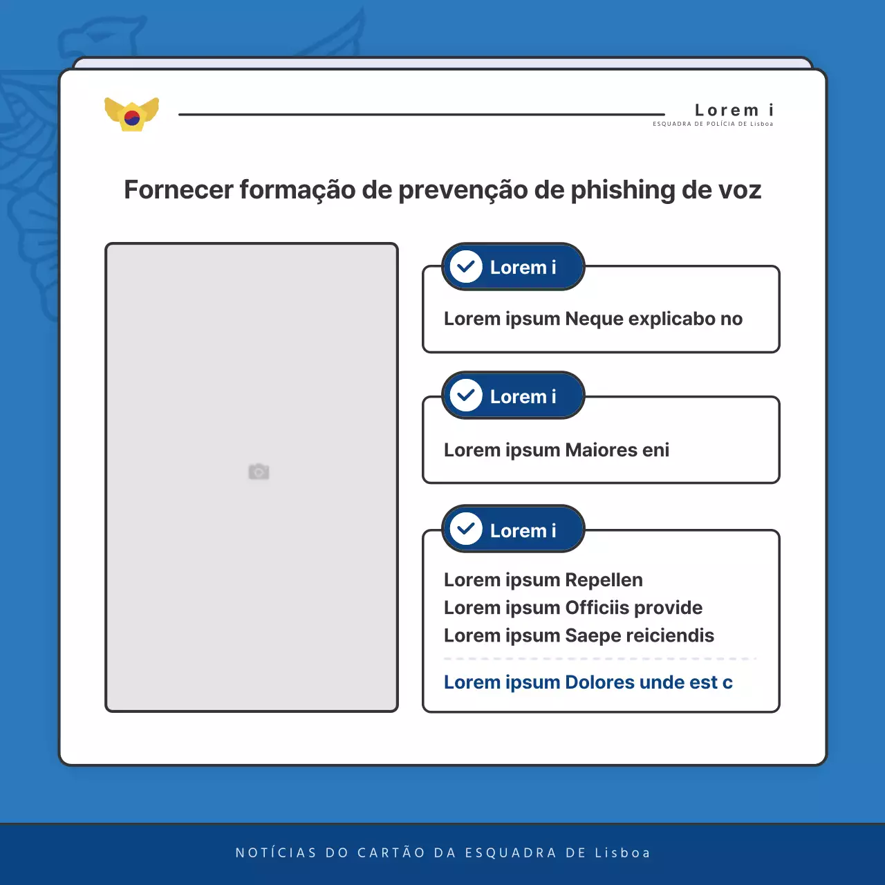 Publicações predefinidas do boletim informativo da esquadra de polícia em azul e azul-marinho