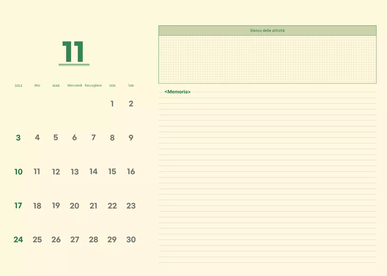 Calendario da parete SAT D-day concept in verde e giallo chiaro