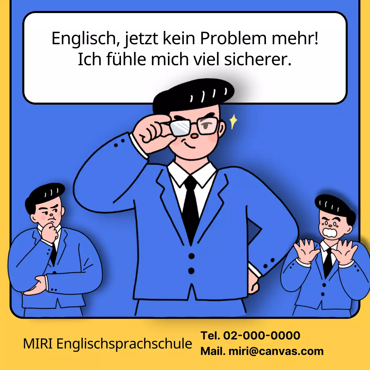 Werbung für eine kitschige englische Sprachschule in Blau und Gelb